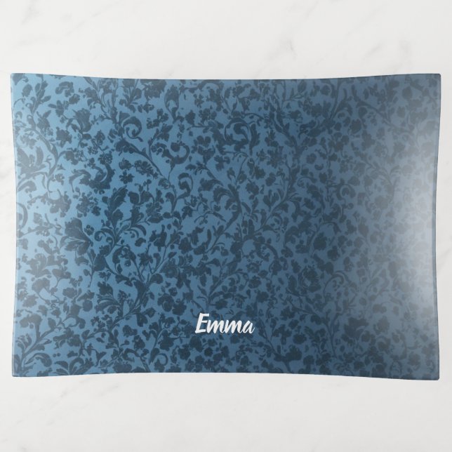 Elegant Blue Victorian Floral Organizer Trinket Tray (Front)