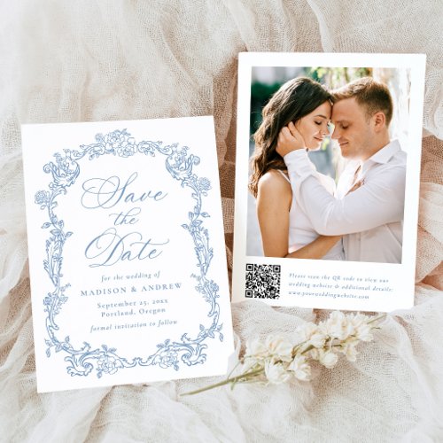Elegant Blue Victorian Floral QR Code Wedding Save The Date