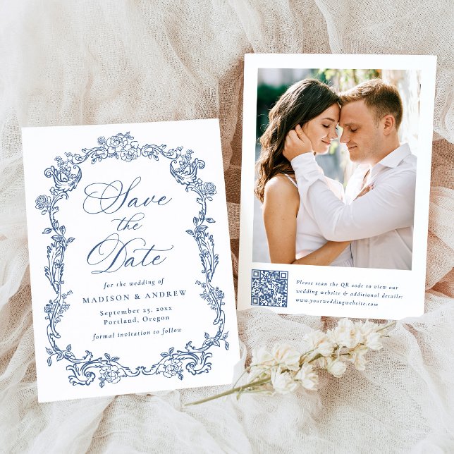 Elegant Blue Victorian Floral QR Code Wedding Save The Date (Creator Uploaded)