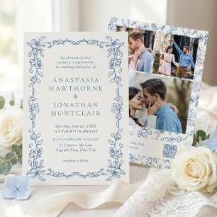 Elegant Blue Victorian Photo QR Code RSVP Wedding Invitation