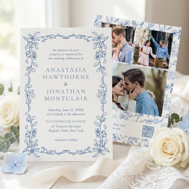 Elegant Blue Victorian Photo QR Code RSVP Wedding Invitation (Creator Uploaded)