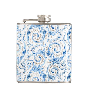 Elegant Blue Victorian Roses and Scrolls Flask