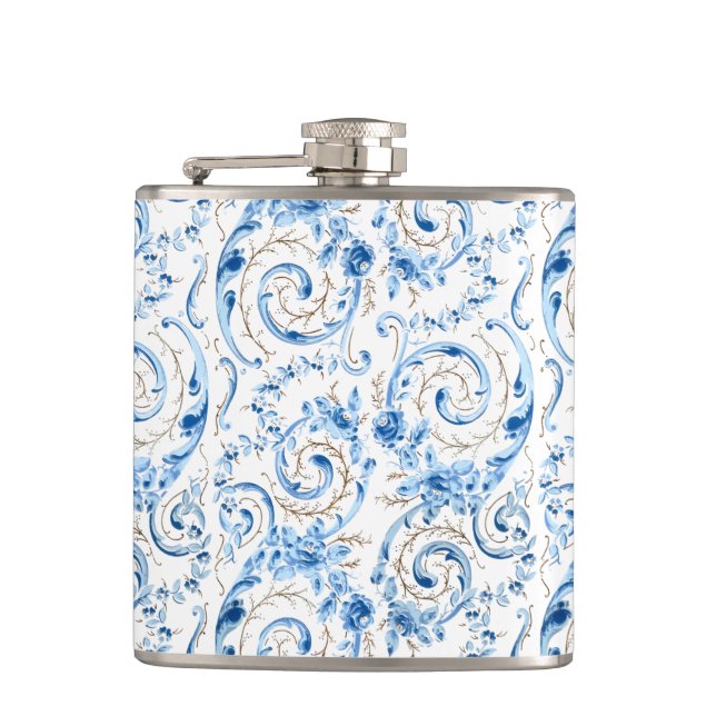 Elegant Blue Victorian Roses and Scrolls Flask (Front)