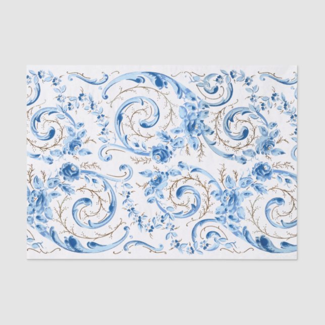 Elegant Blue Victorian Roses and Scrolls Tissue Paper (Front)