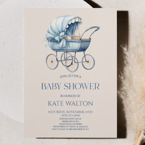 Elegant Blue Vintage Baby Carriage Baby Shower Invitation