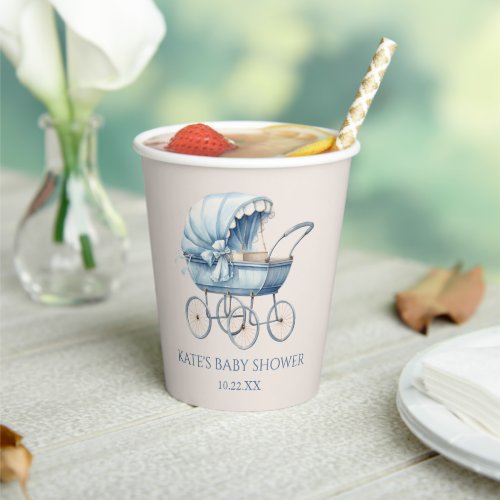 Elegant Blue Vintage Baby Carriage Baby Shower Paper Cups
