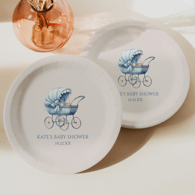Elegant Blue Vintage Baby Carriage Baby Shower Paper Plates (Creator Uploaded)