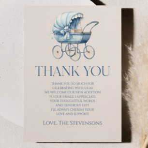 Elegant Blue Vintage Baby Carriage Baby Shower Thank You Card
