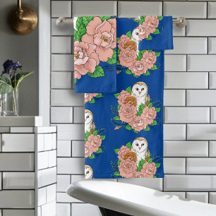 Elegant Blue Vintage Barn Owl Pink Flowers Bath Towel Set
