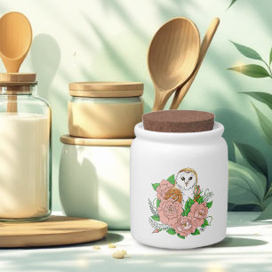 Elegant Blue Vintage Barn Owl Pink Flowers Candy Jar