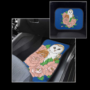 Elegant Blue Vintage Barn Owl Pink Flowers Car Floor Mat