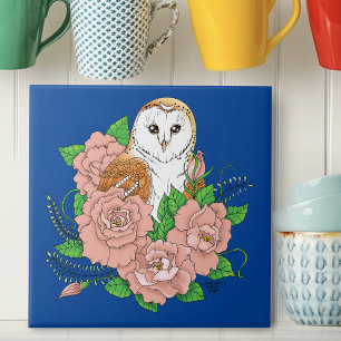 Elegant Blue Vintage Barn Owl Pink Flowers Ceramic Tile