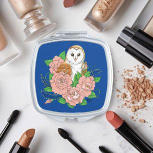 Elegant Blue Vintage Barn Owl Pink Flowers Compact Mirror