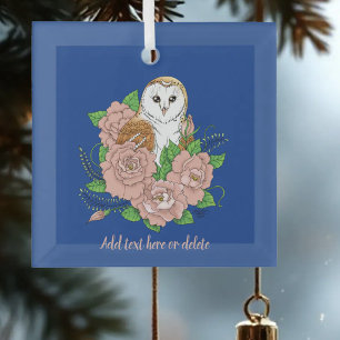 Elegant Blue Vintage Barn Owl Pink Flowers Glass Ornament