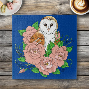 Elegant Blue Vintage Barn Owl Pink Flowers Jigsaw Puzzle