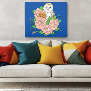 Elegant Blue Vintage Barn Owl Pink Flowers Metal Print