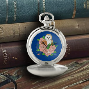 Elegant Blue Vintage Barn Owl Pink Flowers Pocket Watch