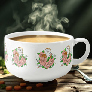 Elegant Blue Vintage Barn Owl Pink Flowers Soup Mug