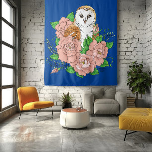 Elegant Blue Vintage Barn Owl Pink Flowers Tapestry