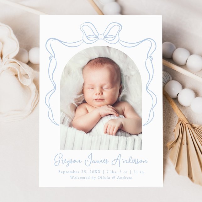 Elegant Blue Vintage Bow Photo Birth Announcement (Creator Uploaded)