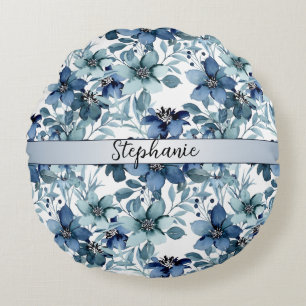 Elegant Blue Vintage Chintz Pattern Monogram Round Pillow