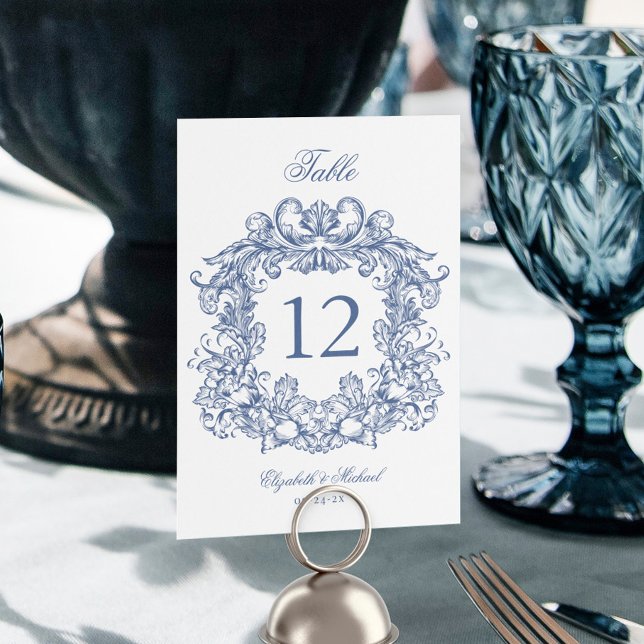 Elegant Blue Vintage Crest Script Wedding Table Number (Creator Uploaded)