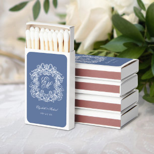 Elegant Blue Vintage Crest Wedding Monogram Favor Matchboxes