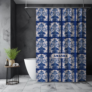 Elegant Blue Vintage Damask Floral monogram Shower Curtain