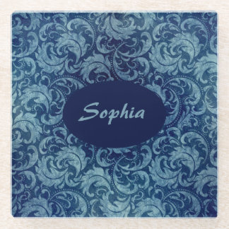 Elegant Blue Vintage Damask Pattern Glass Coaster