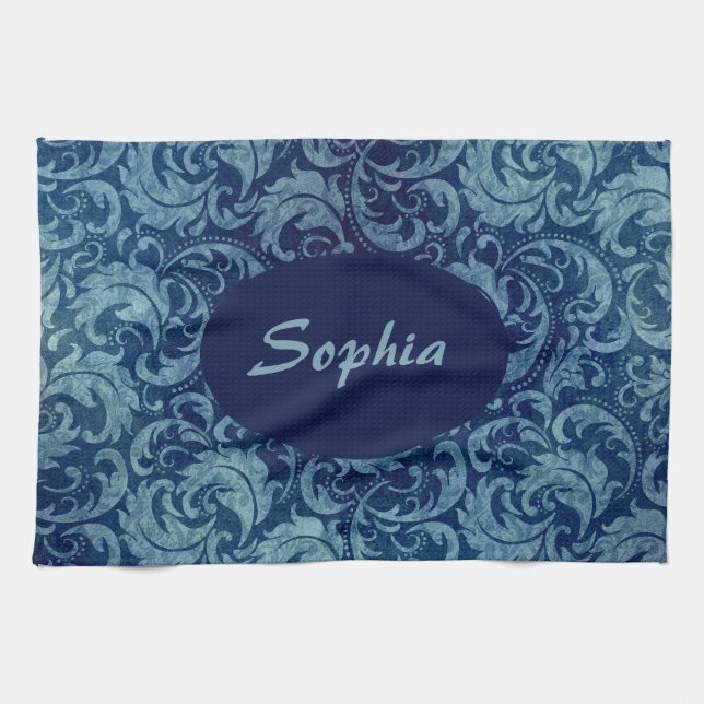 Elegant Blue Vintage Damask Pattern Kitchen Towel (Horizontal)