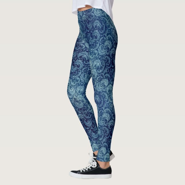 Elegant Blue Vintage Damask Pattern Leggings (Left)