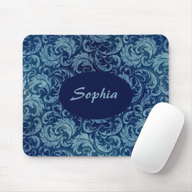 Elegant Blue Vintage Damask Pattern Mouse Pad (With Mouse)
