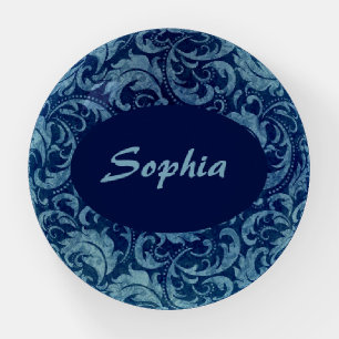 Elegant Blue Vintage Damask Pattern Paperweight