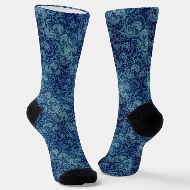 Elegant Blue Vintage Damask Pattern Socks (Angled)