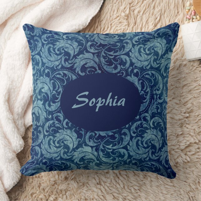 Elegant Blue Vintage Damask Pattern Throw Pillow (Blanket)