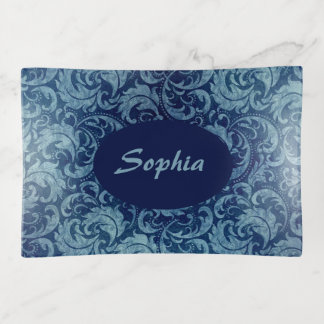 Elegant Blue Vintage Damask Pattern Trinket Tray