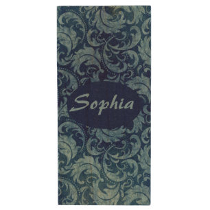 Elegant Blue Vintage Damask Pattern Wood Flash Drive
