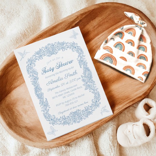 Elegant Blue Vintage Floral Baby Shower Invitation (Creator Uploaded)
