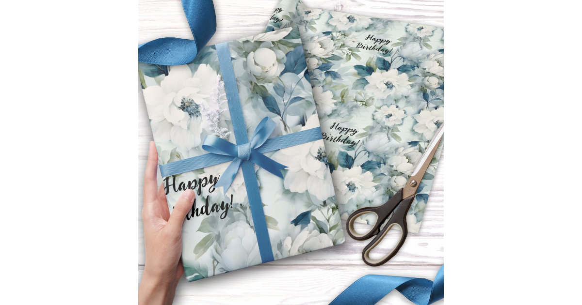 Wrapping Paper: Blue Vintage Floral gift Wrap Birthday 