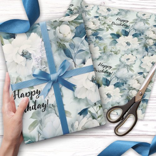 Elegant Blue Vintage Floral Birthday Wrapping Paper