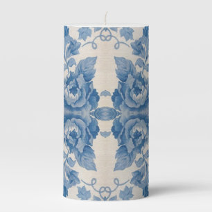 Elegant blue vintage floral pillar candle