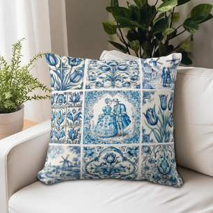 Elegant Blue Vintage Floral Toile Throw Pillow