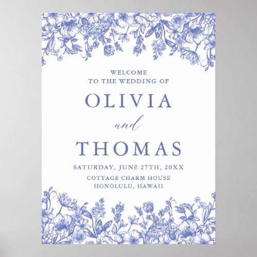 Elegant Blue Vintage Floral Wildflower Wedding Poster