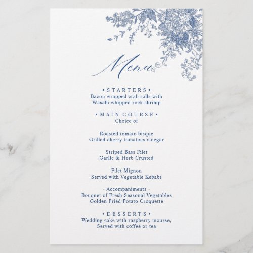 Elegant Blue Vintage Flowers Wedding Dinner Menu