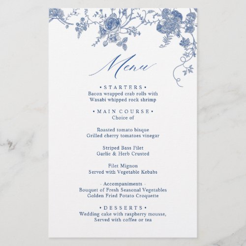 Elegant Blue Vintage Flowers Wedding Dinner Menu