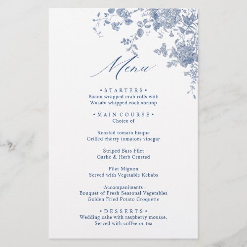 Elegant Blue Vintage Flowers Wedding Dinner Menu