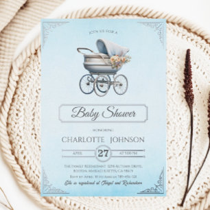 Elegant Blue Vintage Foil Baby Shower Invitation Foil Invitation