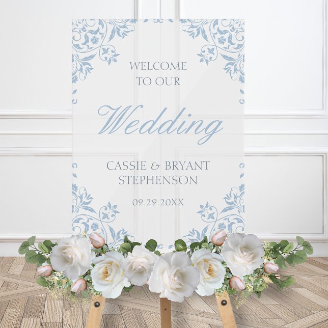 Elegant Blue Vintage Frame Wedding Welcome Acrylic Sign (elegant dusty blue wedding welcome sign with bride and groom names date for reception shower event)