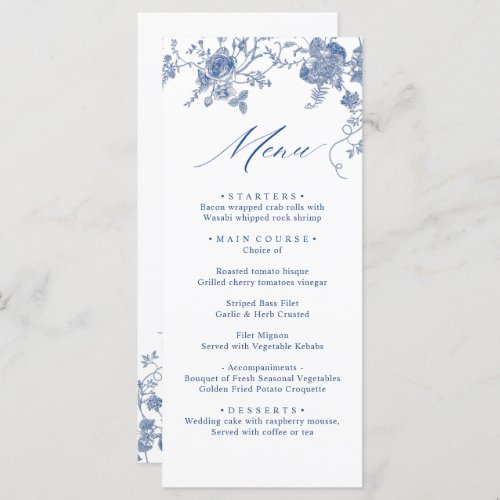 Elegant Blue Vintage Garden Flowers Wedding Dinner Menu