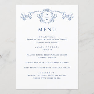 Elegant Blue Vintage Garden Flowers Wedding Dinner Menu